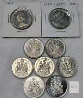 1968 - 2002 Canadian 50 Cent Half Dollar Coins . 1968 &times;3 , 1974 &times;2 , 1980 , 1985 , 2002 &times;2 . Nine (9) Coins
