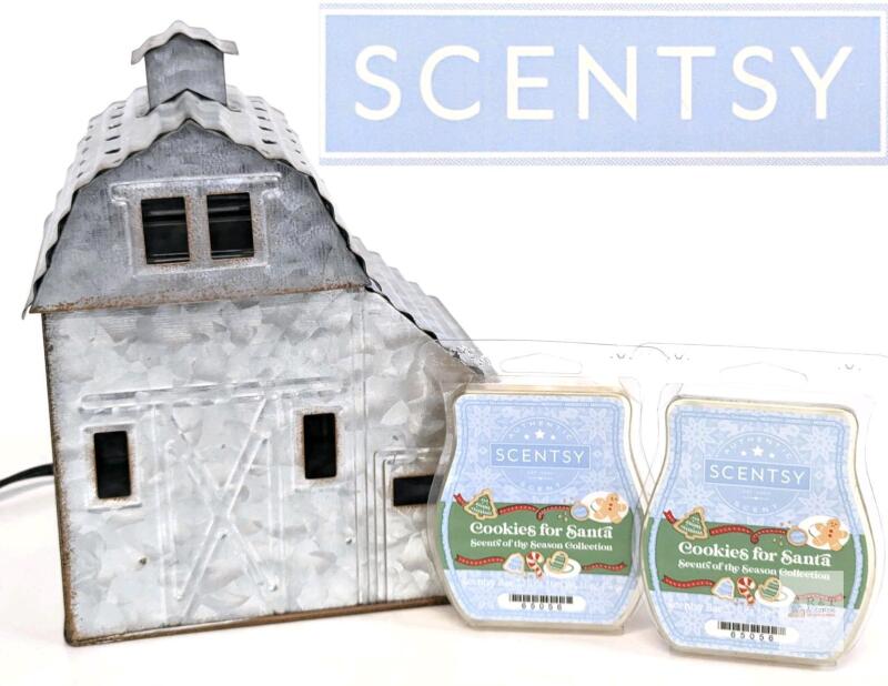 New Scentsy COUNTRY LIVING Wax Warmer - Galvanized Steel Barn Farmhouse Wax Warmer & 2 Scentsy Cookies For Santa Wax Melts (1 Package Missing 2 Melts)