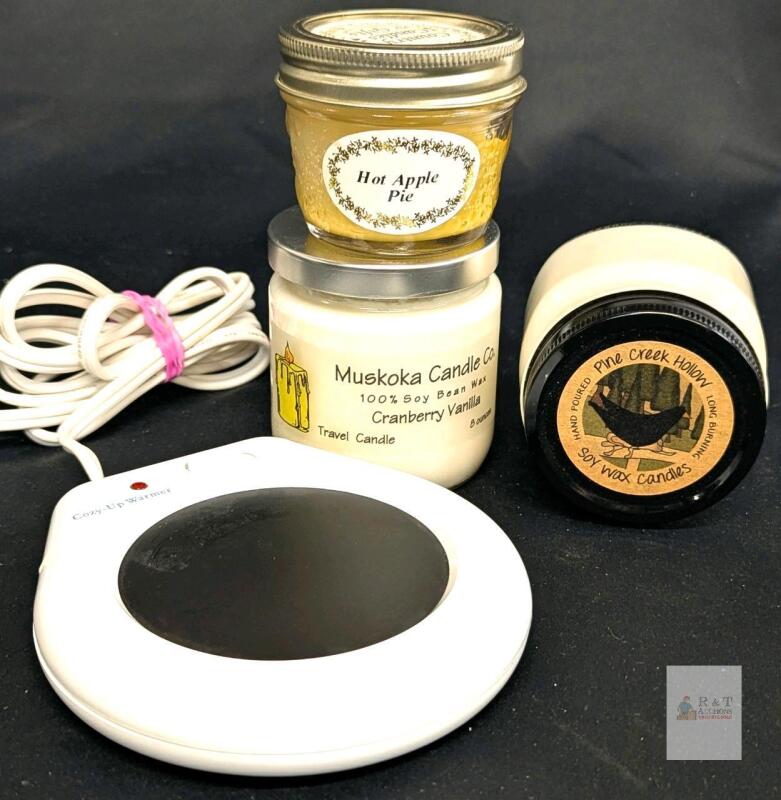 3 Hand Poured Canadian Candles (Hot Apple Piexl, Cranberry Vanilla & Pine Creek Hollow) Up to 8oz & Candle Warmer (Tested For Power)