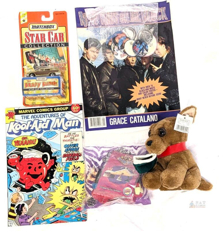 Vintage 1980s Kool-Aid Man Comic, 1990 New Kids on The Block Scrapbook & Buttons, 1997 Matchbox Star Car Brady Bunch Station Wagon, Burger King Toy & Chihuahua