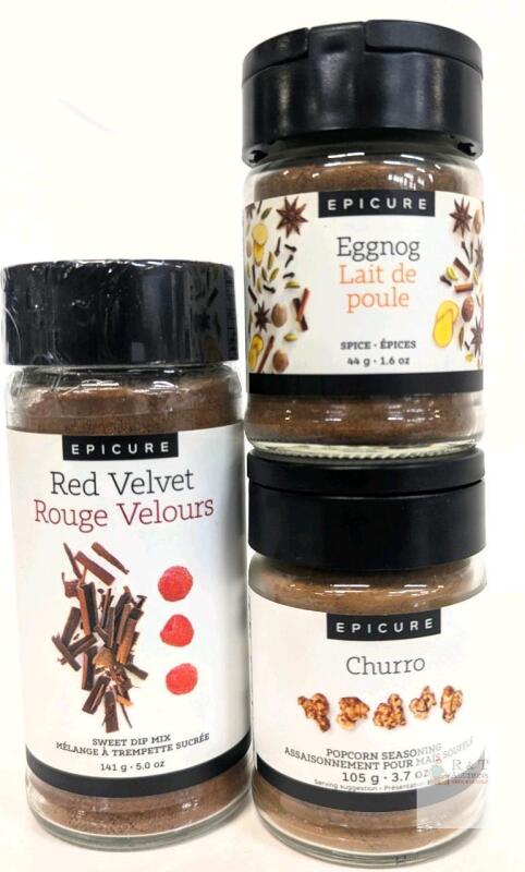 3 New EPICURE Spice Mixes: Red Velvet Sweet Dip Mix, Eggnog Spice, Churro Popcorn Seasonings