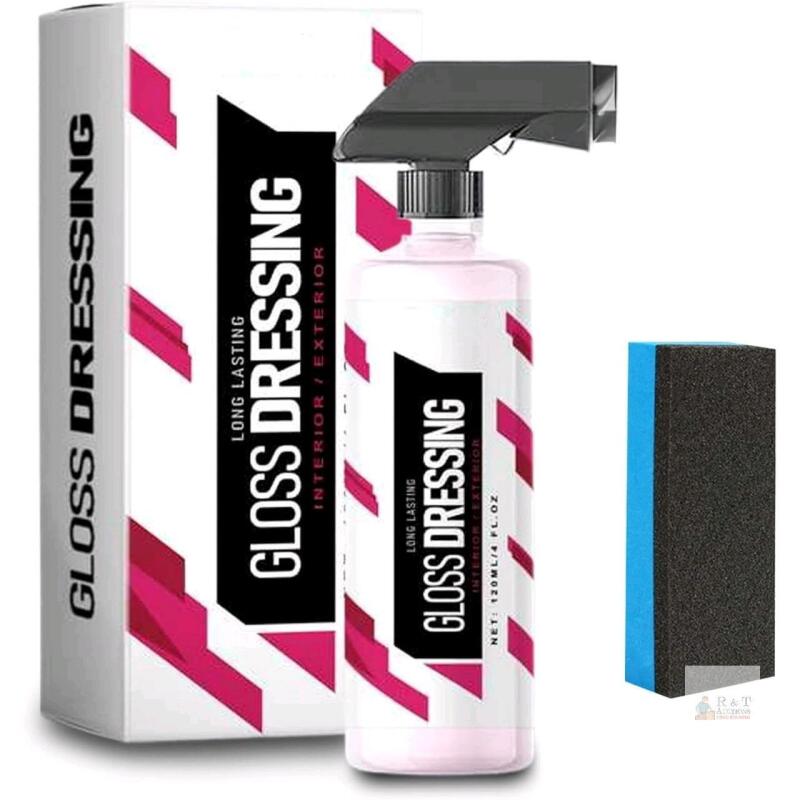 New Gloss Dressing, Long Lasting Interior/Exterior Car Plastic Care Kit, 120ml With Spray Nozzle, Sponge & Cloth
