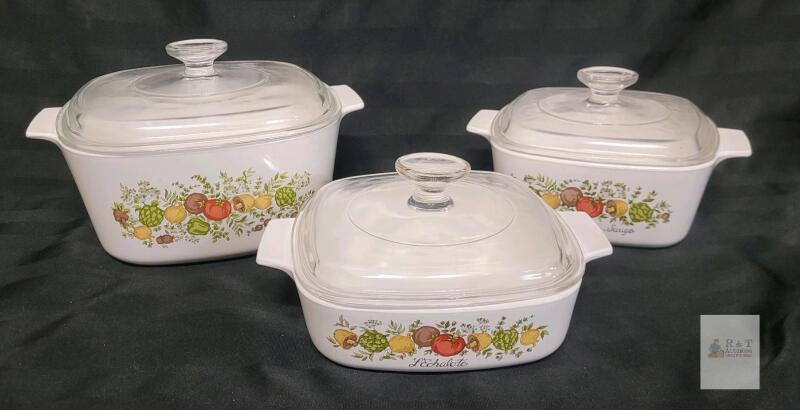 Vintage Corning Ware " Spice of Life " Casserole Dish 3pc. Set .