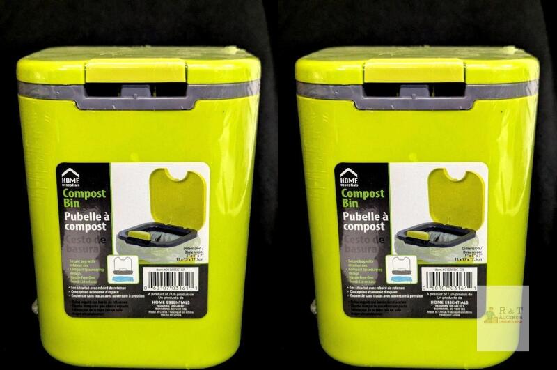 2 New Home Essentials Mini Compost Bins, Compact, Odor-Minimizing Plastic Kitchen Trash Can with One-Touch Lid Release, Stylish Recycling Bin, 2-Liter Capacity, 5" L x 5" W x 7" H, Green