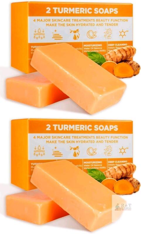 4 New Bars Turmeric Soap, Turmeric Soap Bar for Exfoliating, Gently Cleaning and Moisturizing for All Skin Types, 100g ea, exp 2027