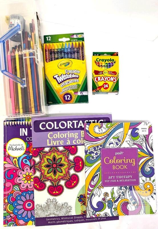Assorted Pencil Crayons in Case, Crayola Erasable Twistables Coloured Pencils & Crayons (Missing 1) + 3 Colouring Books
