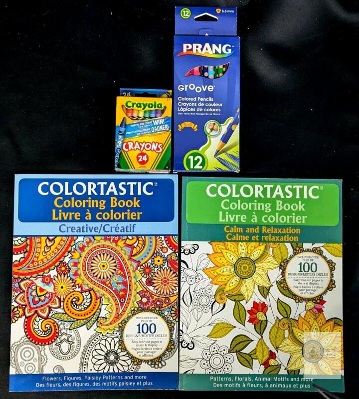 2 New Colouring Books, 24-Pack Crayola Crayons + 12-Pack Prang Groove Coloured Pencils