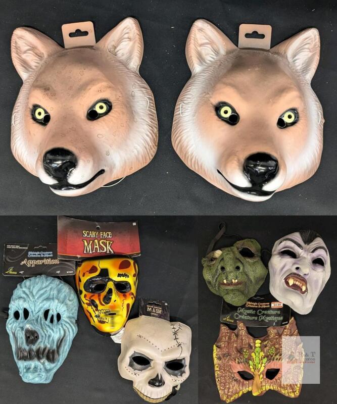 Assorted Adult-Size Rubber & Plastic Halloween Face Masks, Some With Tags