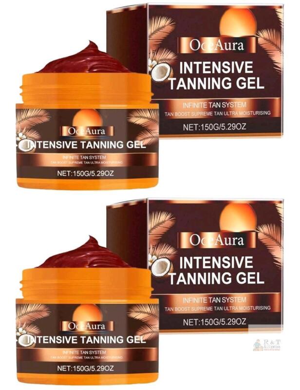 New 2-Pack Oce Aura Golden Shimmer Intensive Tanning Gel Cream, Carotene Tanning Gel, Water-Resistant with Carrot and Coconut Oil, 5.29 Fl Oz / 159g ea