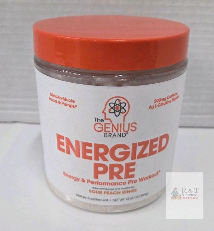NEW The Genius Brand Energized Pre Sour Peach Rings Pre-Workout | 12.83 oz, 20 Servings, 200mg Caffeine, Exp 04/2026