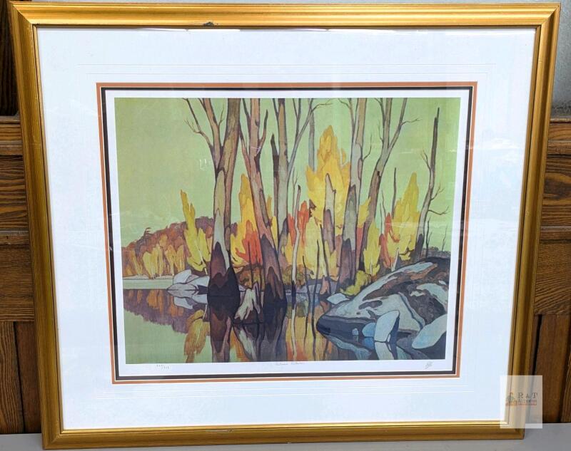 Print of "Autumn Reflections" by A J CASSON, 33.75" &times; 29.75" - Numbered 249/250, Titled &; signed in pencil. - 3 embossed symbols on left, "Approved" embossed to the right of signature - professionally framed (Roma, Italian) & Matted, damage front and sid