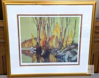 Print of "Autumn Reflections" by A J CASSON, 33.75" &times; 29.75" - Numbered 249/250, Titled &; signed in pencil. - 3 embossed symbols on left, "Approved" embossed to the right of signature - professionally framed (Roma, Italian) & Matted, damage front and sid