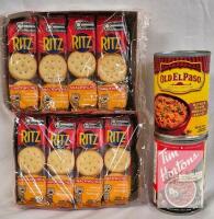 BB AUG 28 Ritz Cheese Snackwiches (16pk), BB NOV 27 Old El Paso Refried Beans (398mL), BB MAY 27Tim Hortons Chili (425g) Lot