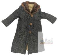 Vintage Persian Lamb Fur Coat w/ Brown Fur Collar & Pom Pom Buttons, 1950s, Needs Repair Approximately a women's SM/MED, no discernable smell, small hole in back