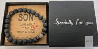 NEW Moonstone & Lava Rock 8mm Beaded Stretch Bracelet, Gift Box, "To My Son, Love You" Card, 7.5 in