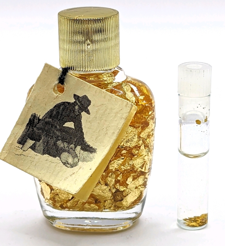 Brazilian Golden Flakes Bottle with Certificate and Small Vial with Gold Flakes.