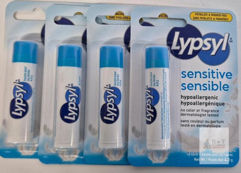 4 NEW Lypsyl Sensitive Hypoallergenic Lip Balm, Fragrance-Free, 0.15 oz (4.2 g), Beeswax, 067990007648