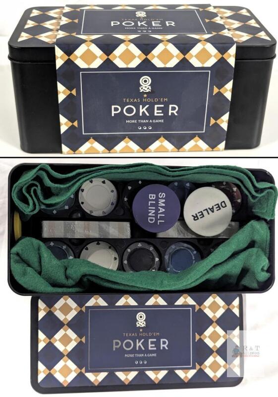 Texas Hold'em Poker Set in Tin Case &ndash; Chips, Cards, Dealer & Blind Buttons, Felt Mat Included