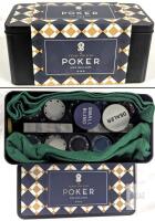 Texas Hold'em Poker Set in Tin Case &ndash; Chips, Cards, Dealer & Blind Buttons, Felt Mat Included