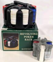 200 Piece Revolving Poker Chip Rack Set &ndash; Black Plastic, Red/White/Blue Chips, Boxed, Handle