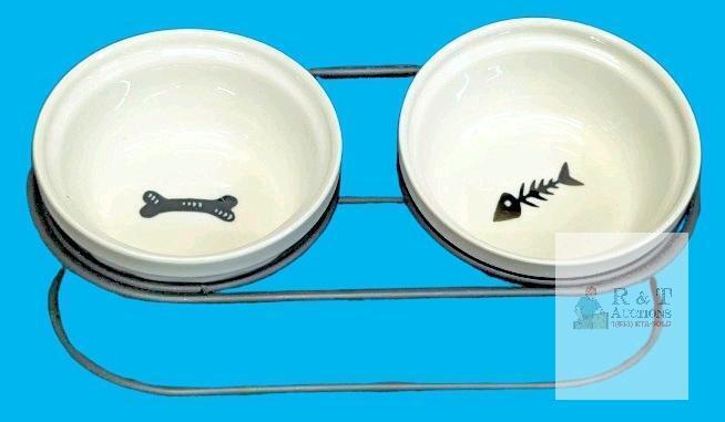 New NAVARIS Ceramic Bowls With Black Metal Stand, 10.8" &times; 5" &times; 3.5" , Tilted Design For Better Feeding Posture