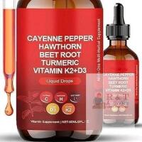 New Cayenne Pepper Liquid Vitamin Supplement Drops, With Hawthorn, Turmeric, Vitamin K2+D3, 60ml