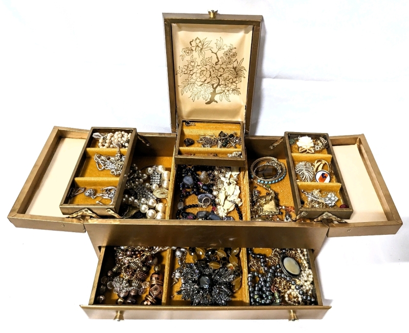 Vintage Tri-Fold Jewelry Box with Unsorted Jewelry.