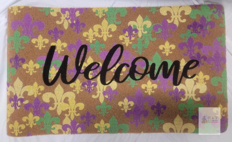 NEW Decorative "Welcome" Doormat, 30"x18", Fleur-de-lis Pattern, Coir Surface with Non-Slip Backing
