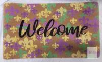 NEW Decorative "Welcome" Doormat, 30"x18", Fleur-de-lis Pattern, Coir Surface with Non-Slip Backing