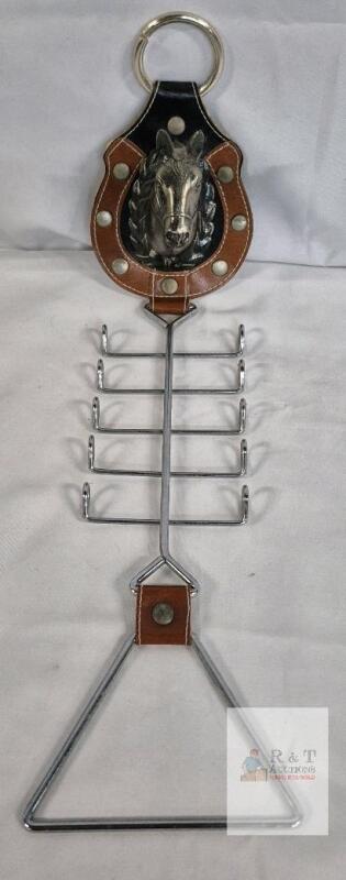 Vintage Horse Head Bridle Rack, Wall-Mounted 6 Hook Organizer, Leather & Chrome, 24&rdquo; Tall