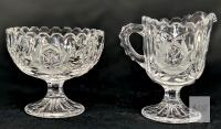 Vintage Pressed Glass Footed Cream and Sugar Set, Cut Floral Pattern, 3.5&rdquo; Tall, Clear Crystal