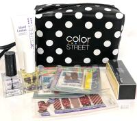 Color Street Makeup Bag With Tester Nail Stickers, Nail Strengthener, Cuticle Oil, Sealed Hand Lotion & Emery/Polish Board