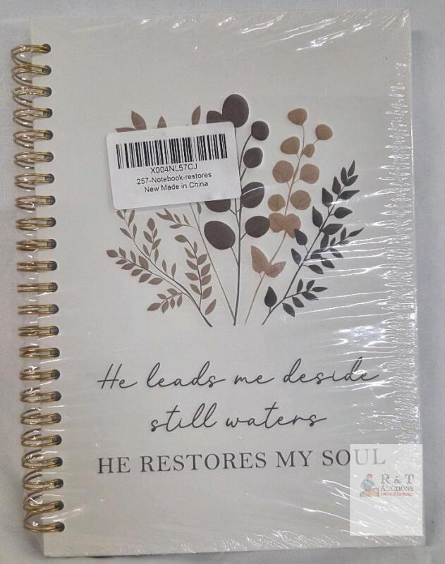 Spiral Notebook 6"x8" Botanical Design, "He Restores My Soul" Quote, Gold Spiral, New, China, X004NL57CJ