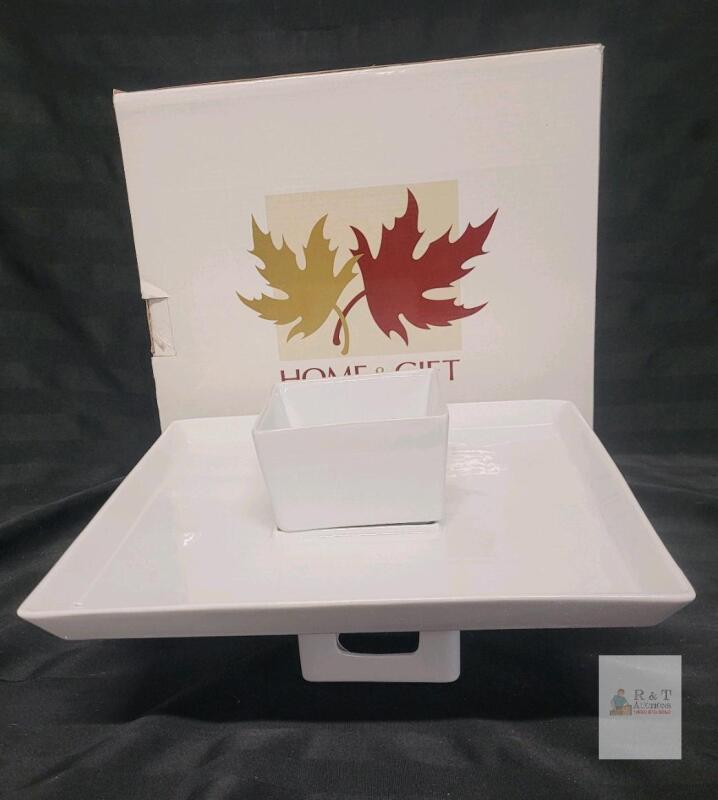 Home & Gift Collection Ultimate Serving Set - 12.5" White Ceramic Platter w/ Center Dip Bowl