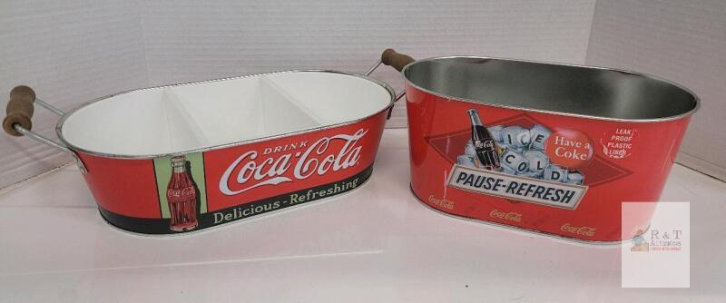 Coca-Cola Metal Beverage Tubs Set, Wood Handles, Leak-Proof Liner, 16" & 14.5", Classic Graphics