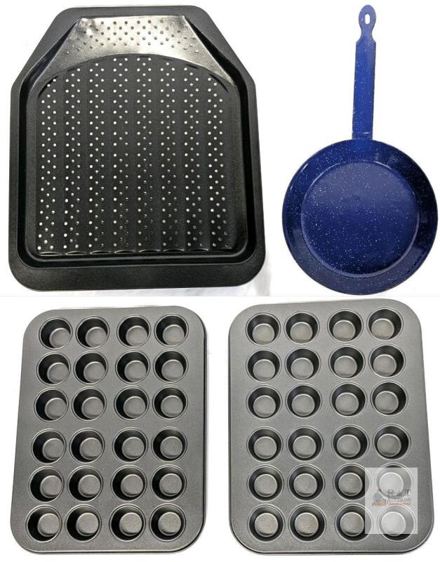 Nonstick Cookie Baking Sheet/Crisper Pan, Blue Speckled Enamelware Frying Pan & 2 Mini Muffin Baking Pans