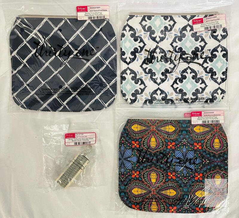Thirty-One Studio Purse Flaps: Dash of Plaid Pebble, Fab Flourish, Stitched Medallion + Shoulder Strap