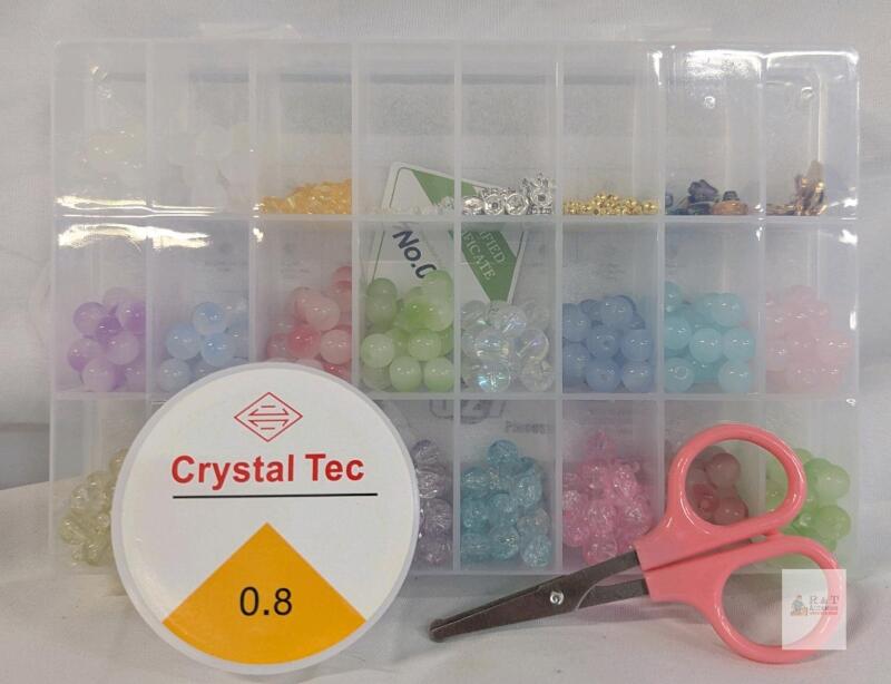 NEW Multi-color 18-Compartment Bead Jewelry Kit with Crystal Tec Cord, Scissors, 0.8mm String