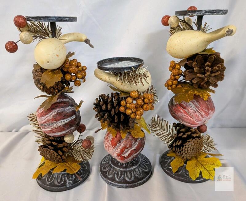 Set of 3 Autumn Harvest Decorative Candle Holders, 11" Tall, Faux Gourds, Pinecones & Leaves
