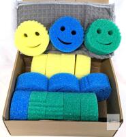 15 New Smiley Face Scrub Sponges & 2 Dish Cloths