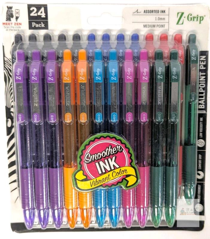 New Zebra Pen Z-Grip Retractable Ballpoint Pen, Smooth-Flowing Assorted Fashion Colours, 1.0mm Medium Point, School & Office Supplies, Ideal for Note-Taking, Journal and Planner Use, 24-Pack (12223)