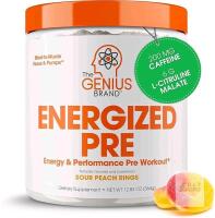 [exp 04/2026] New The Genius Brand Genius Energized Pre - Long-Lasting Energy Supplement for Healthy Mind, Endurance, Focus & Muscle Support - Non-GMO - Sour Peach Rings - 20 Servings