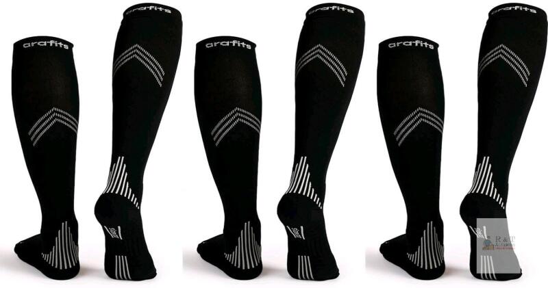 New Size S/M Unisex ARAFITS Compression Socks, 15-20mmHg Graduated Support, Lycra for Comfort & Durability, Reflective Strips for Night Safety, Ideal for Sports, Running, Travel & Daily Use, Black