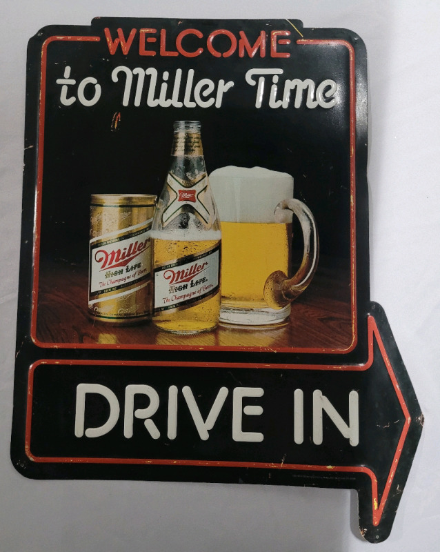Vintage WELCOME to Miller Time DRIVE IN Tin Sign , 21"&times;25.5"