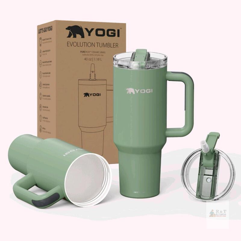 New YOGI Aqua Voyager Tumbler 30 oz, Sage Green, PureTaste Ceramic Lining, 3-Way Lid, Straw, BPA Free