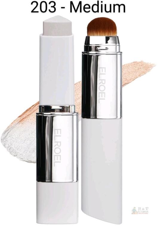 ELROEL (203 - Medium) Blanc Cover Cream Stick V White - Korean Color-Changing Foundation Stick with Volufiline - Medium to Full Coverage Dewy Finish Base Makeup - Dual-Ended with Detachable Brush