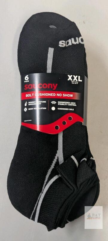 Saucony Bolt Cushioned No Show Socks, Men's XXL (15-17), 6-Pack, Black