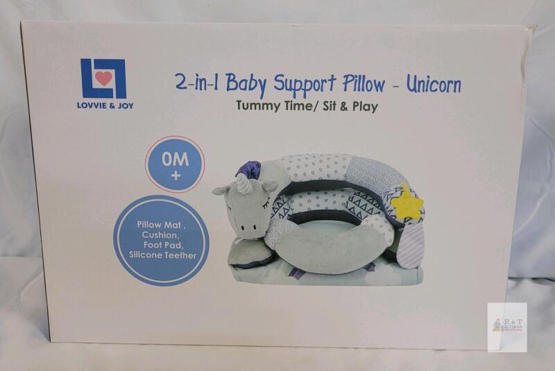 Lovvie & Joy 2-in-1 Baby Support Pillow, Unicorn Design, Tummy Time & Sit-Up, 0M+, Silicone Teether