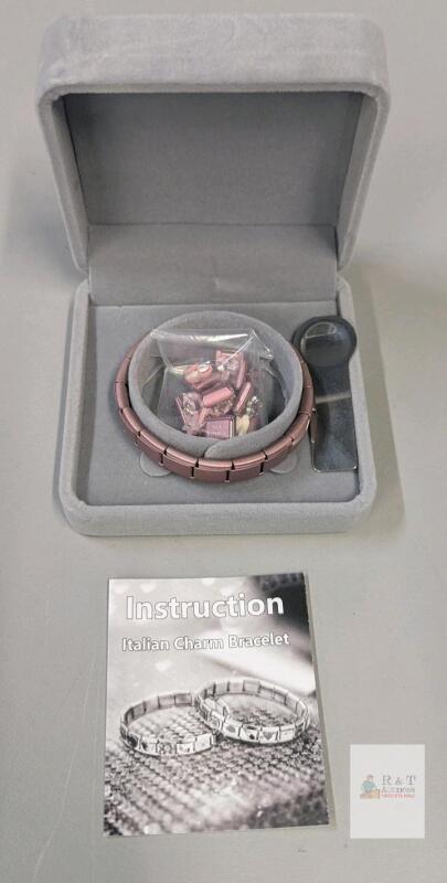 Italian Charm Bracelet Pink Tone Set, Stainless Steel, Extra Charms, Original Box & Tool Included