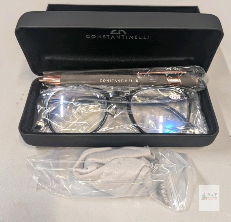 Constantinelli Reading Glasses +2.25 Black Frame with Case, Pen & Cloth, 50-22mm